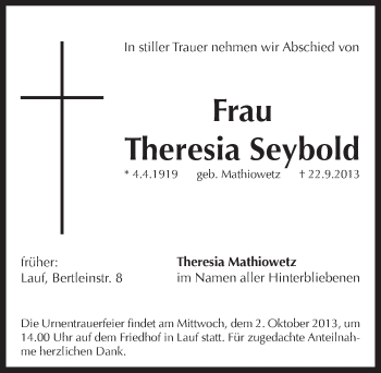 Traueranzeige von Theresia Seybold von Pegnitz-Zeitung